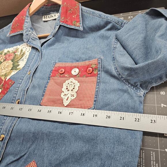 Vintage 90s Denim Blouse Womens Small Red Patchwork Cottagecore Lace Flowers - Picture 9 of 9